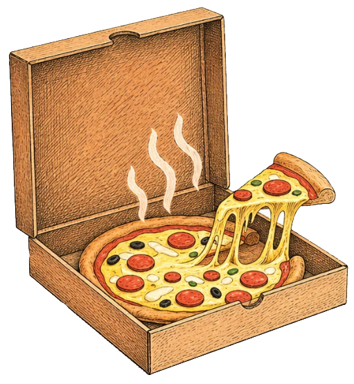 A pizza box with a pizza inside, cheese and toppings melting and steam rising, with one slice being pulled out.