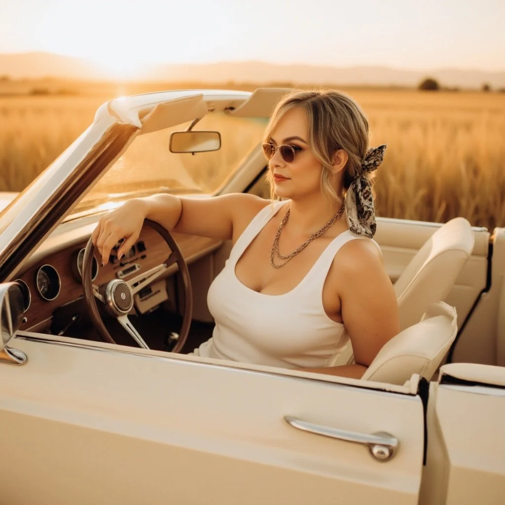 A woman sitting in a white vintage convertible car during sunset, wearing sunglasses, a white tank top, a leopard print scarf in her hair, and layered necklaces, in a rural field.