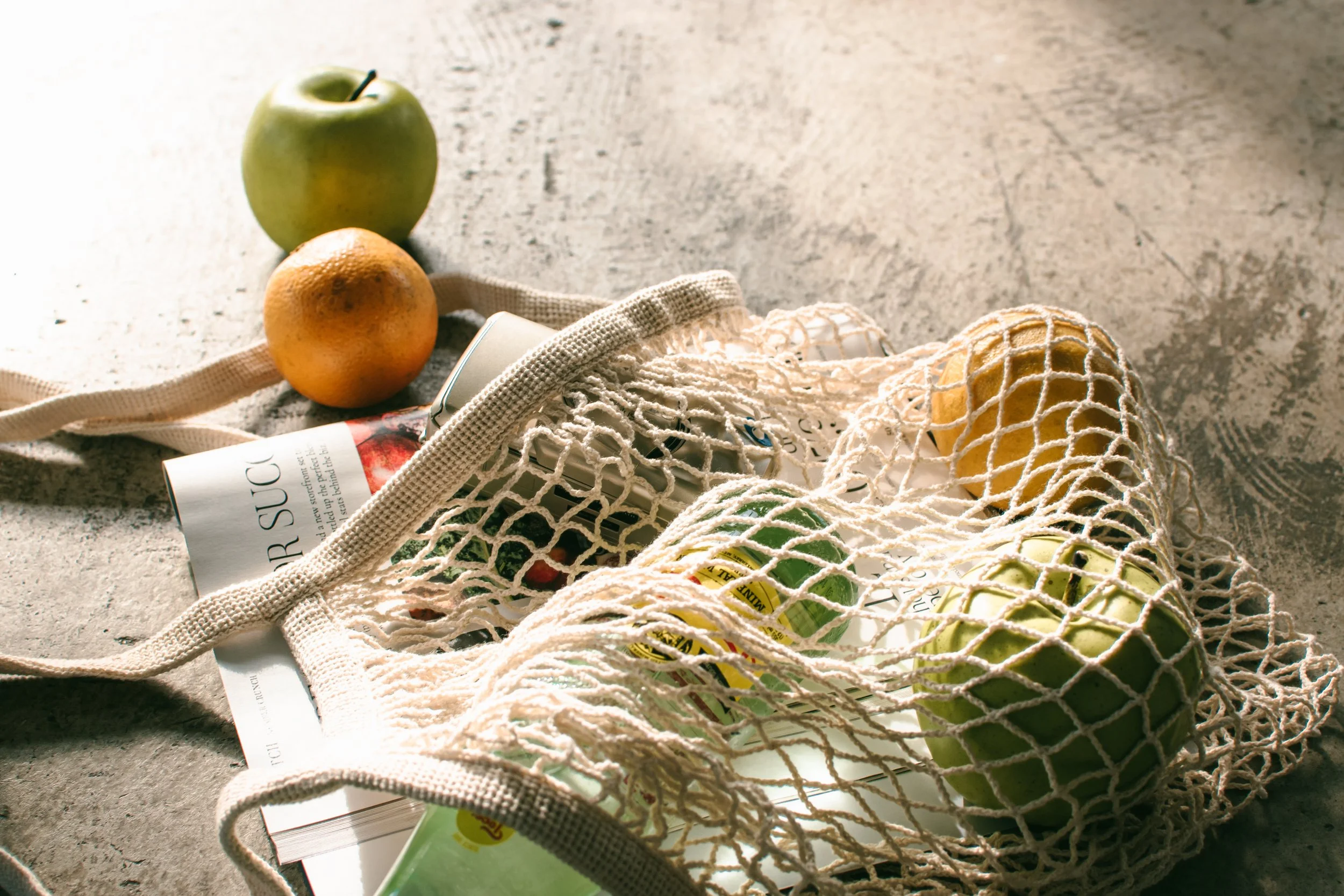 grocery shopping, apples and newspaper