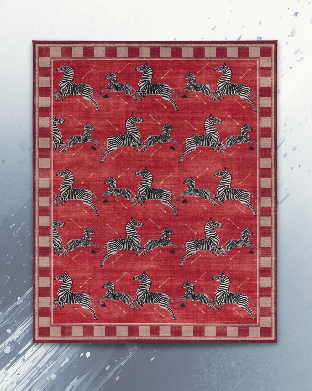 Red rug featuring a pattern of black and white zebras in a running pose, with a border of checkered squares.