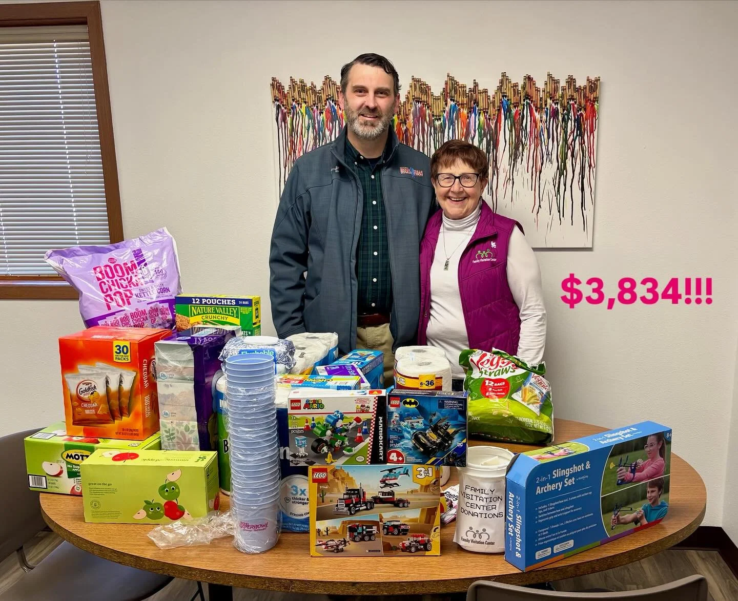 An announcement: The donations have been tallied up, and proud to announce that this year&rsquo;s #tecmosiouxperbowl raised $3,834 in support of @family_visitation_center !  Plus the pile of snacks, toys and goods donated here in this lovely picture.