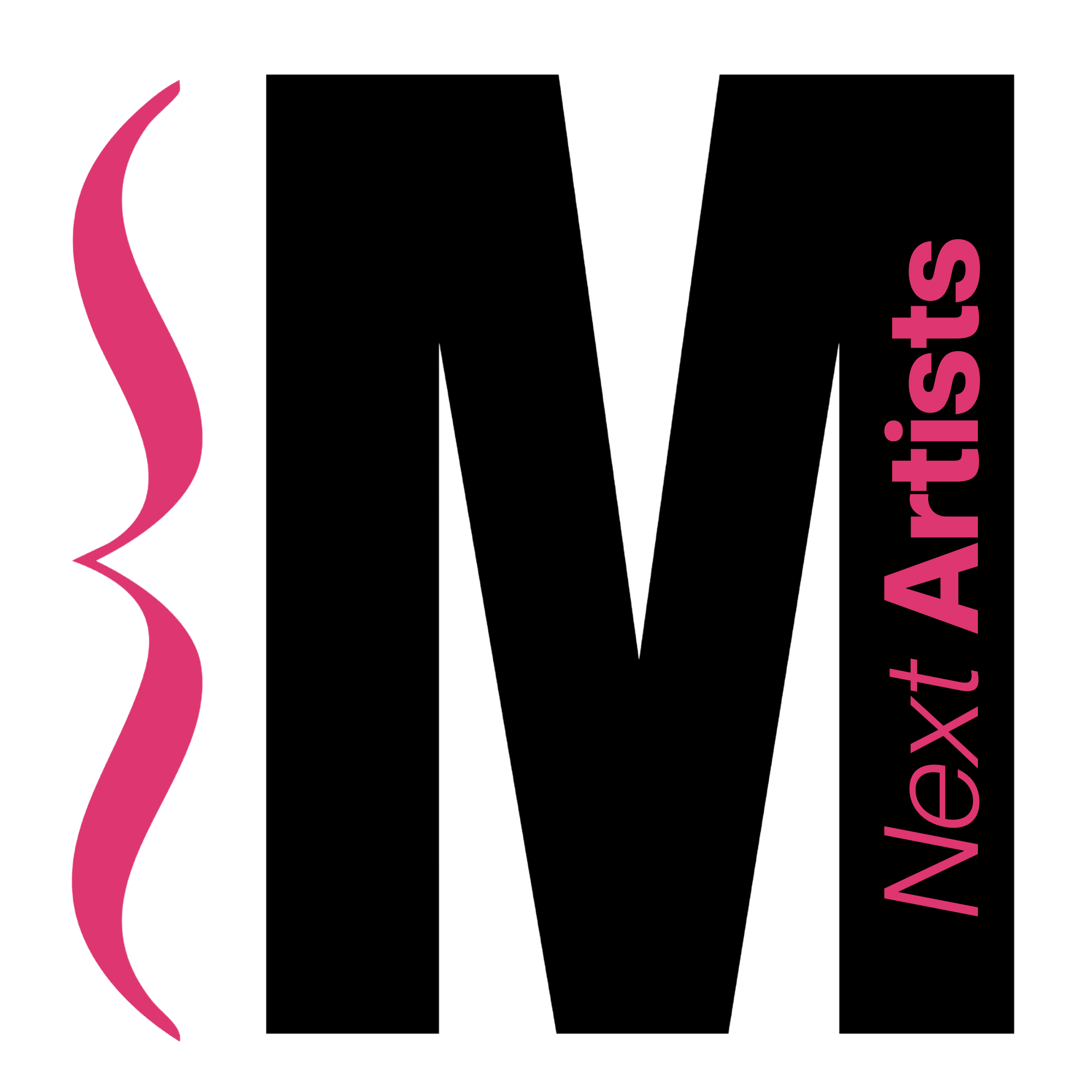 Logo for Next Artists with large black letter 'M' and pink text 'Next Artists' positioned vertically on the right side, pink musical brace on the left.