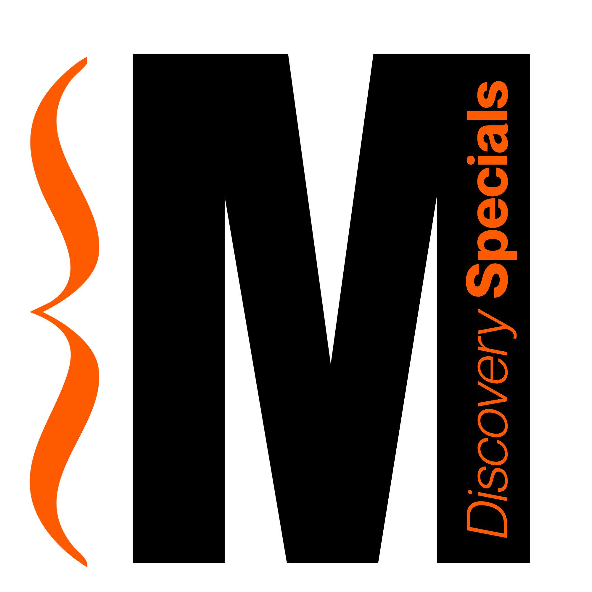 Logo for Discoverery Specials featuring an orange music brace and text in orange reading 'Discovery Specials' on a black background.
