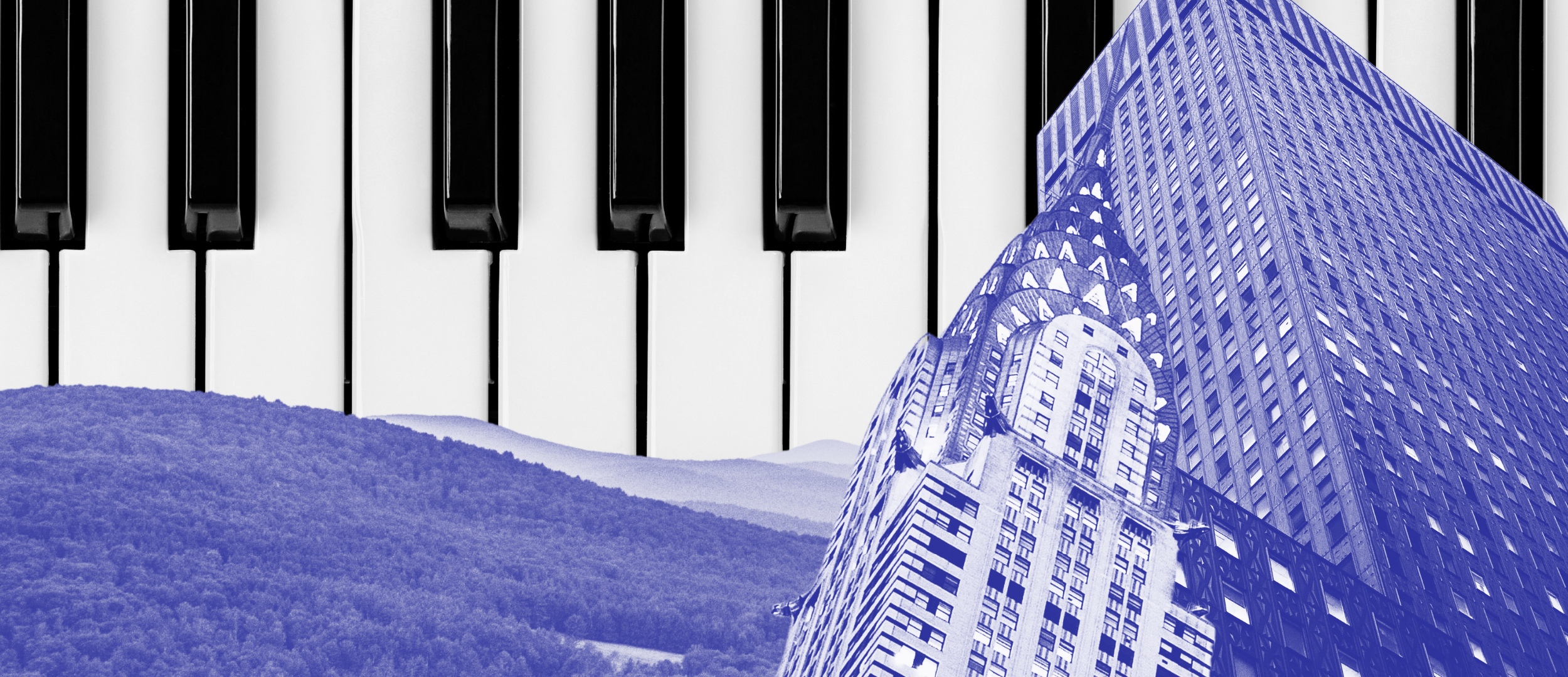 Overlay of a piano keyboard, a mountain landscape, and tall skyscrapers.