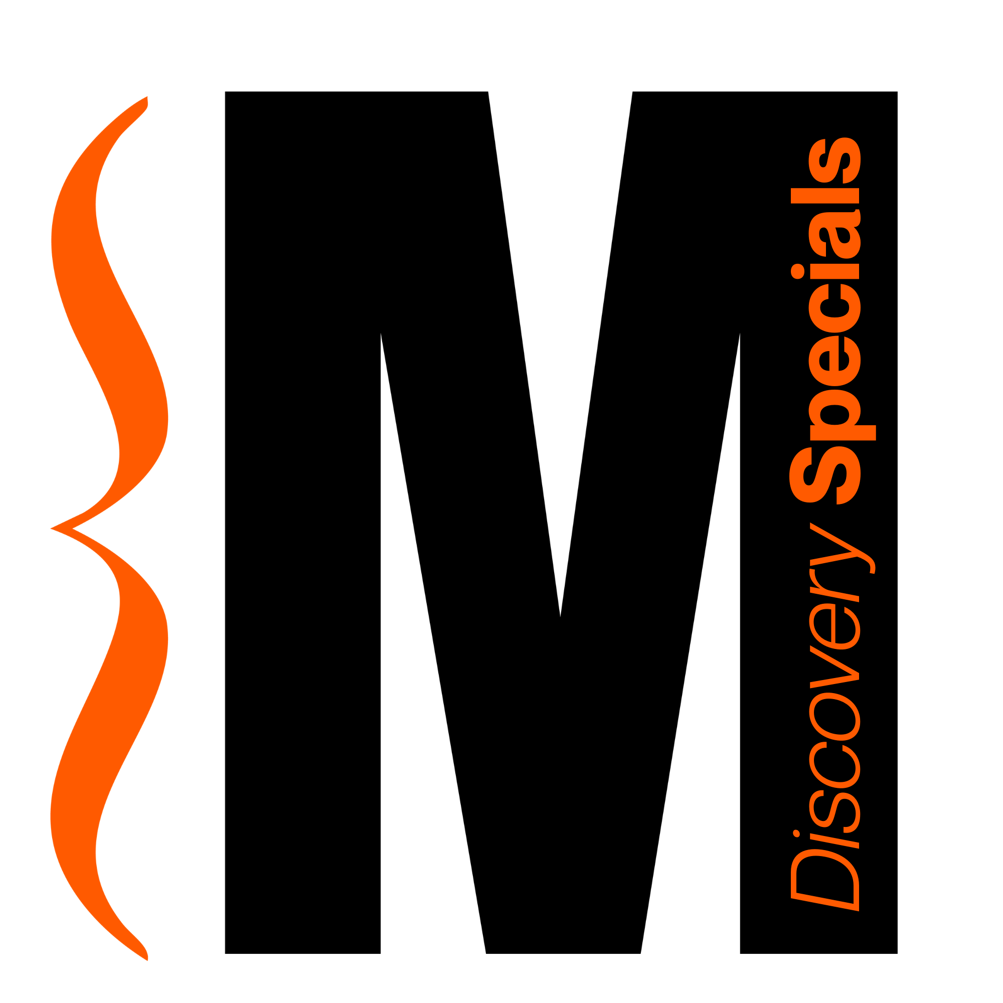 Logo of the Discovery/Specials with large black letter 'M' and orange musical brace on the left, and the words 'Discovery Specials' in orange on the right.