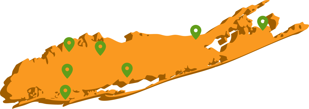 Map of Long Island with multiple green location markers throughout the island