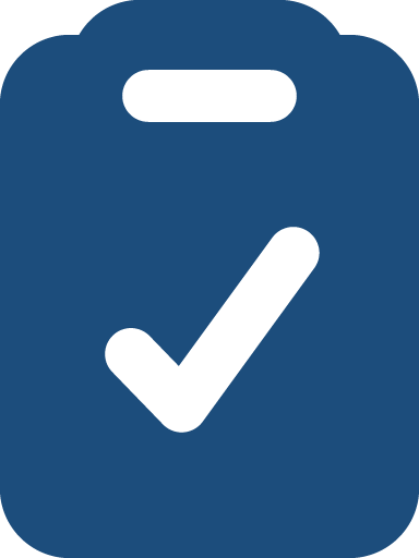 A blue clipboard with a black checkmark.