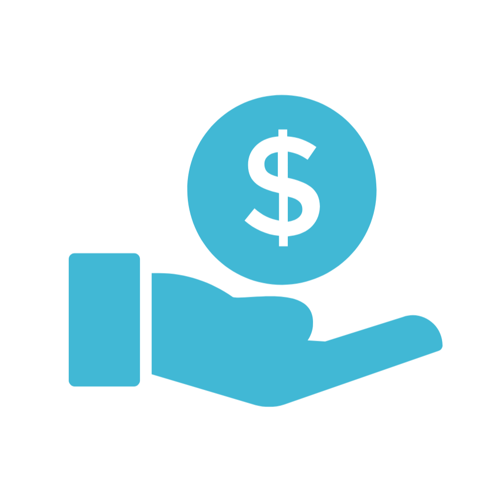 Blue icon of a hand holding a coin with a dollar sign.