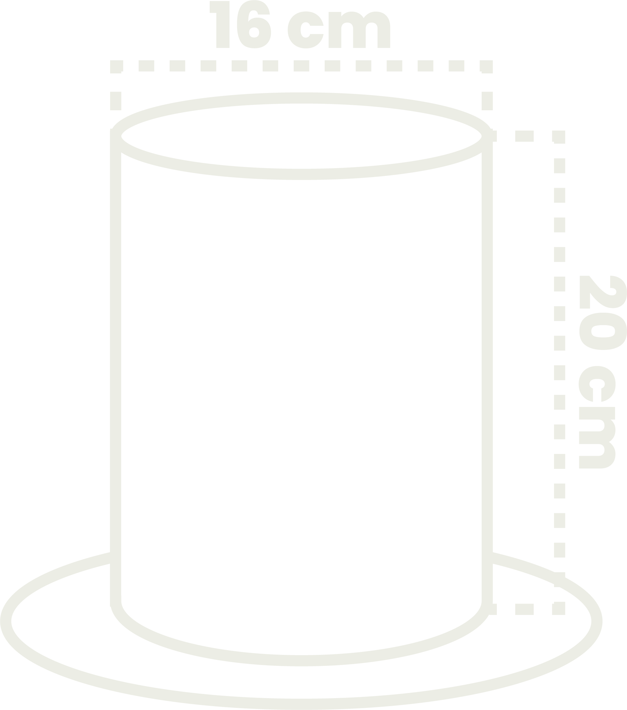 Drawing of a cylindrical object with a diameter of 16 cm and a height of 20 cm, placed on a circular base.