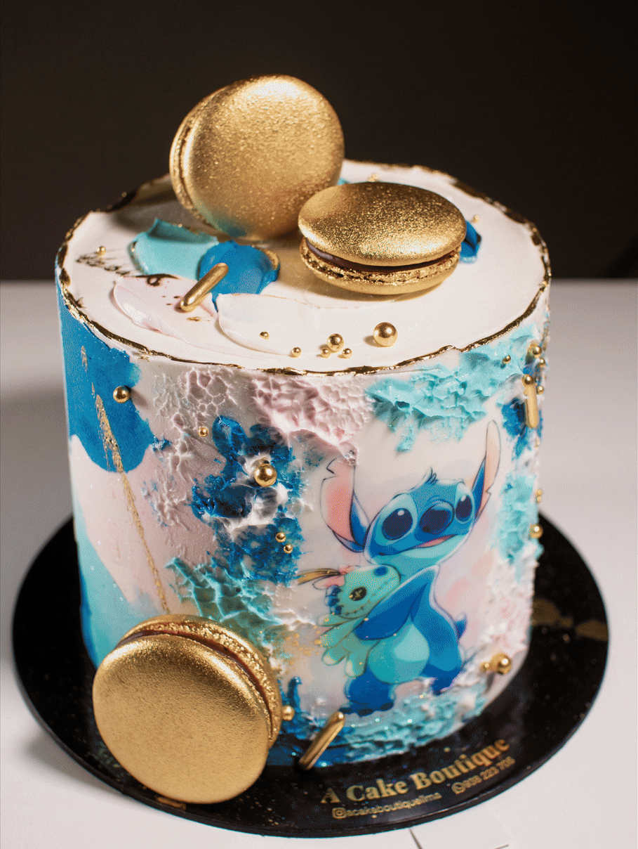 A decorated cake featuring Disney's Stitch character with blue, white, and pink icing, gold macarons, and gold edible balls and decorations.