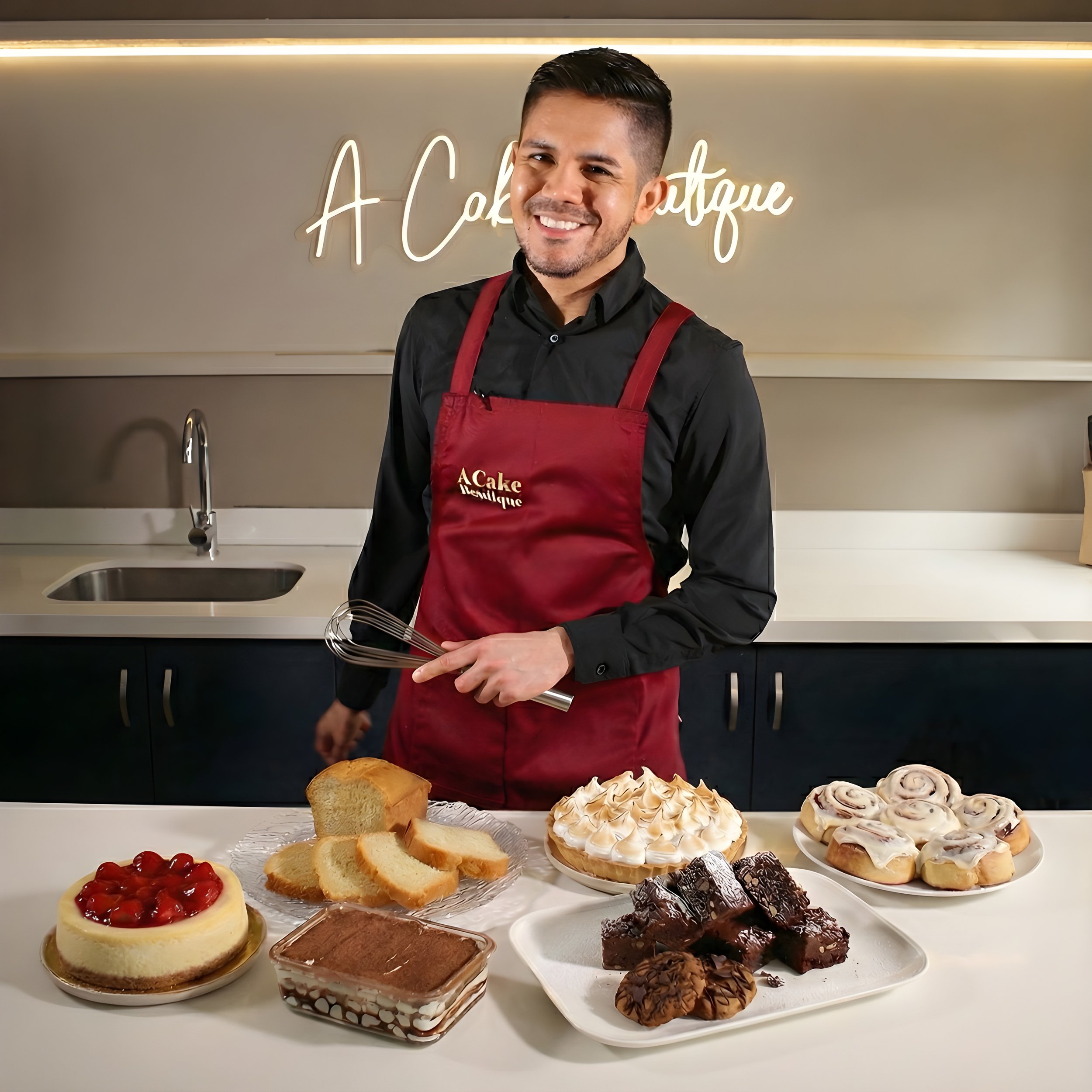 A man in a black shirt and red apron standing behind a table with assorted baked goods, including a cherry-topped cheesecake, slices of bread, a chocolate cake, cinnamon rolls, and chocolate brownies, in a modern kitchen with a neon sign that reads 'A Cake Boutique' in the background.