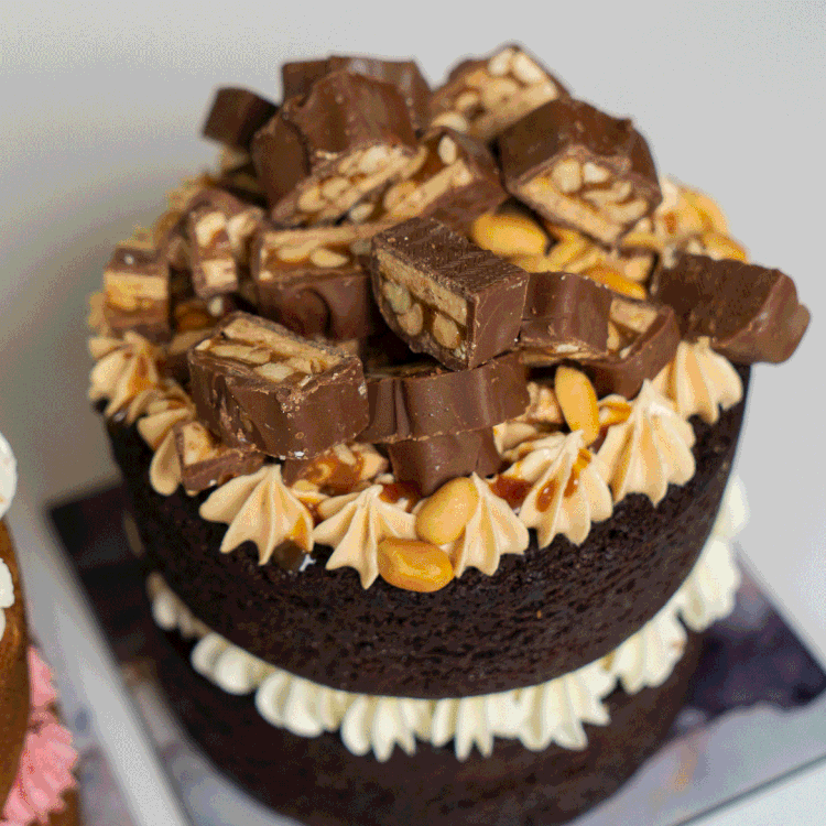 Chocolate cake decorated with peanut butter cups, peanut butter chips, and piped white frosting.