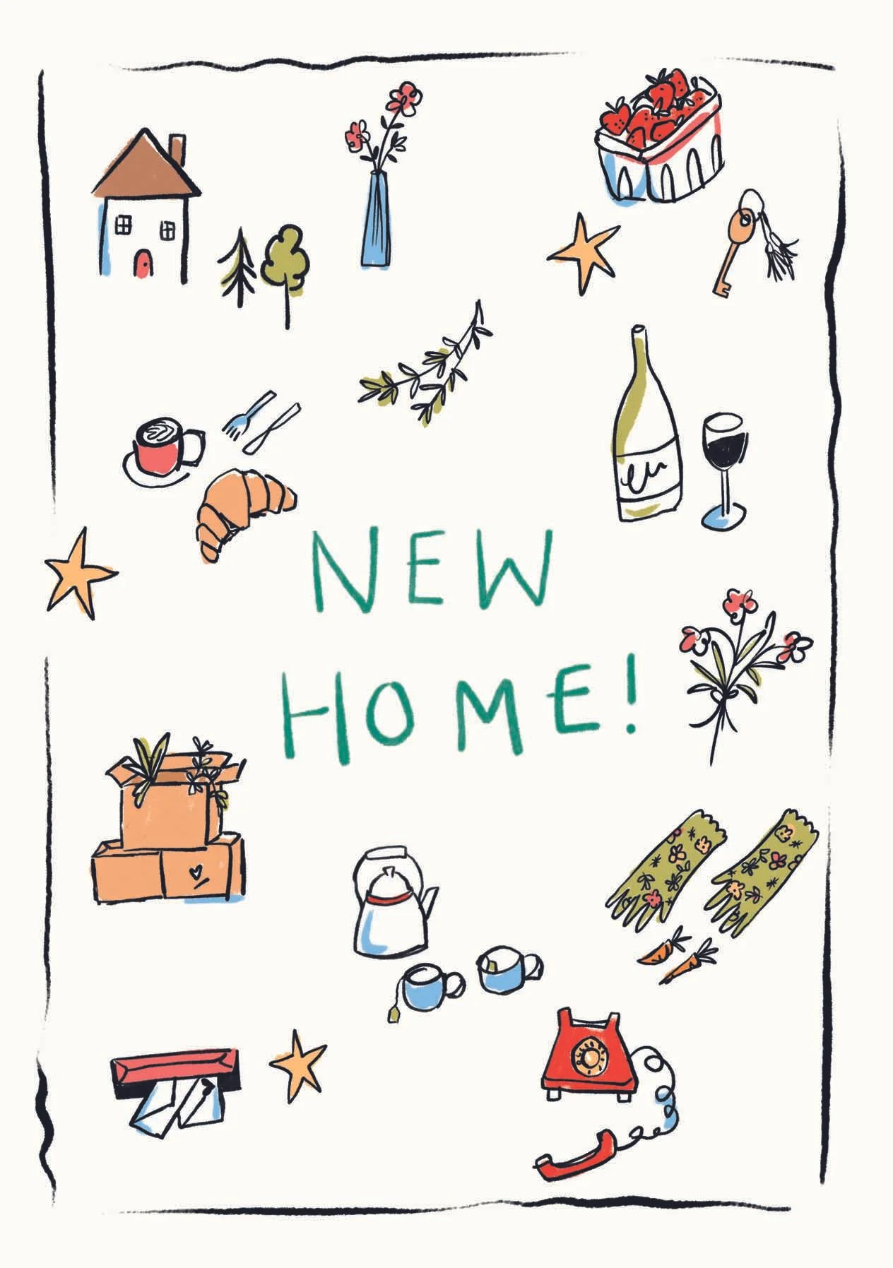 New home/ moving day card featuring cute illustrations including gardening gloves, tea cups, house keys and breakfast foods.
