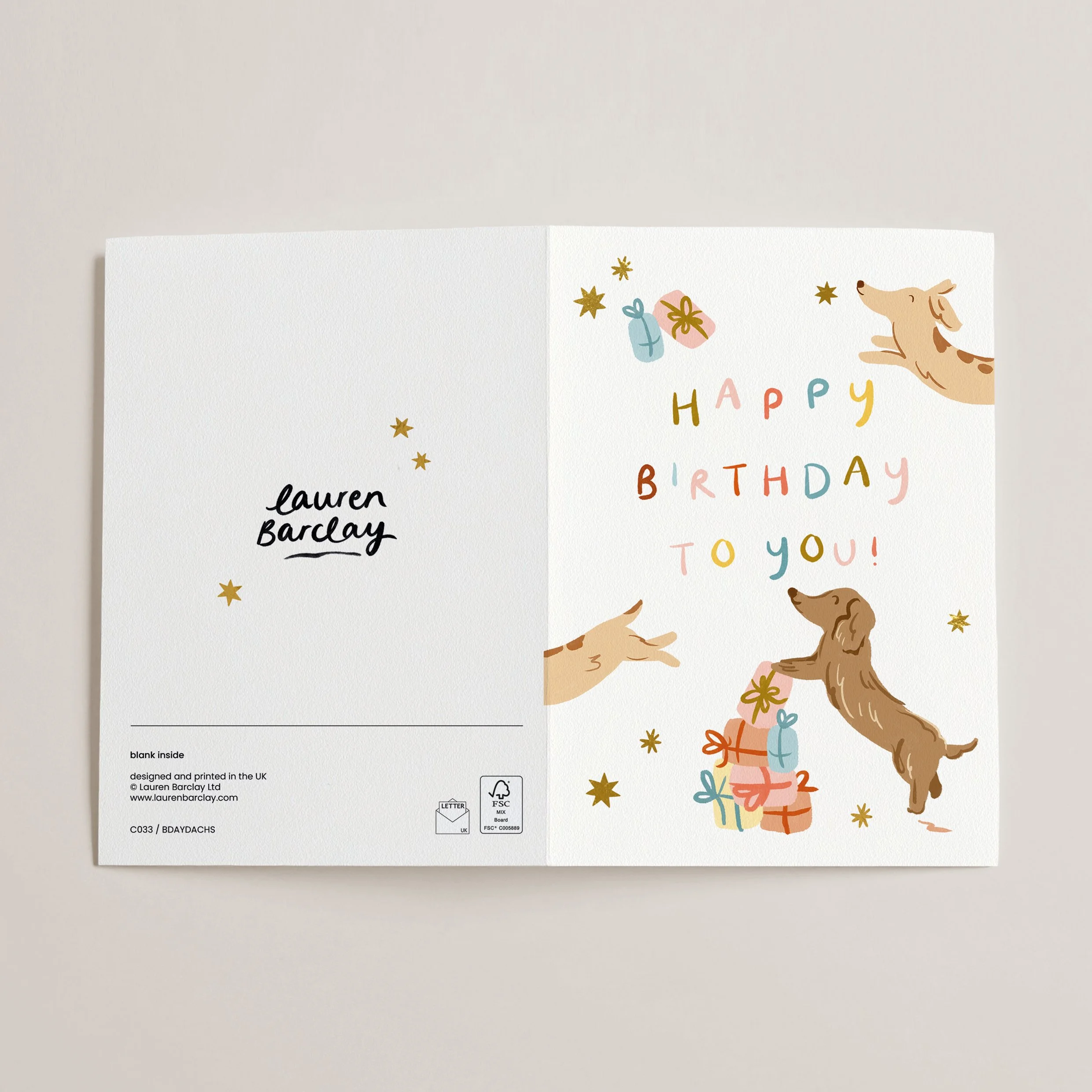 SAUSAGE DOGS BIRTHDAY CARD GOLD FOIL STARS CUTE.jpg
