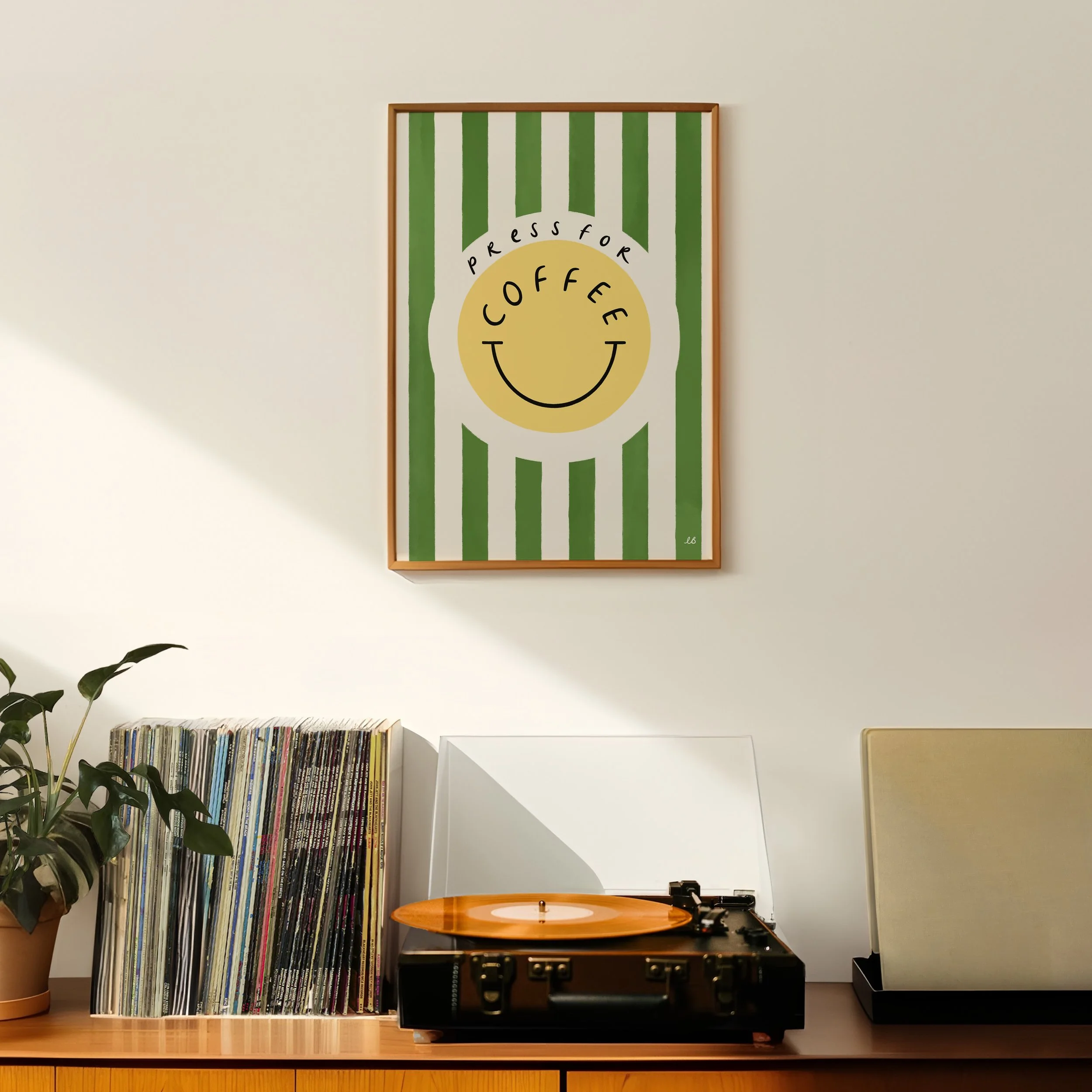 smiley face coffee poster kitchen decor green stripes.jpg