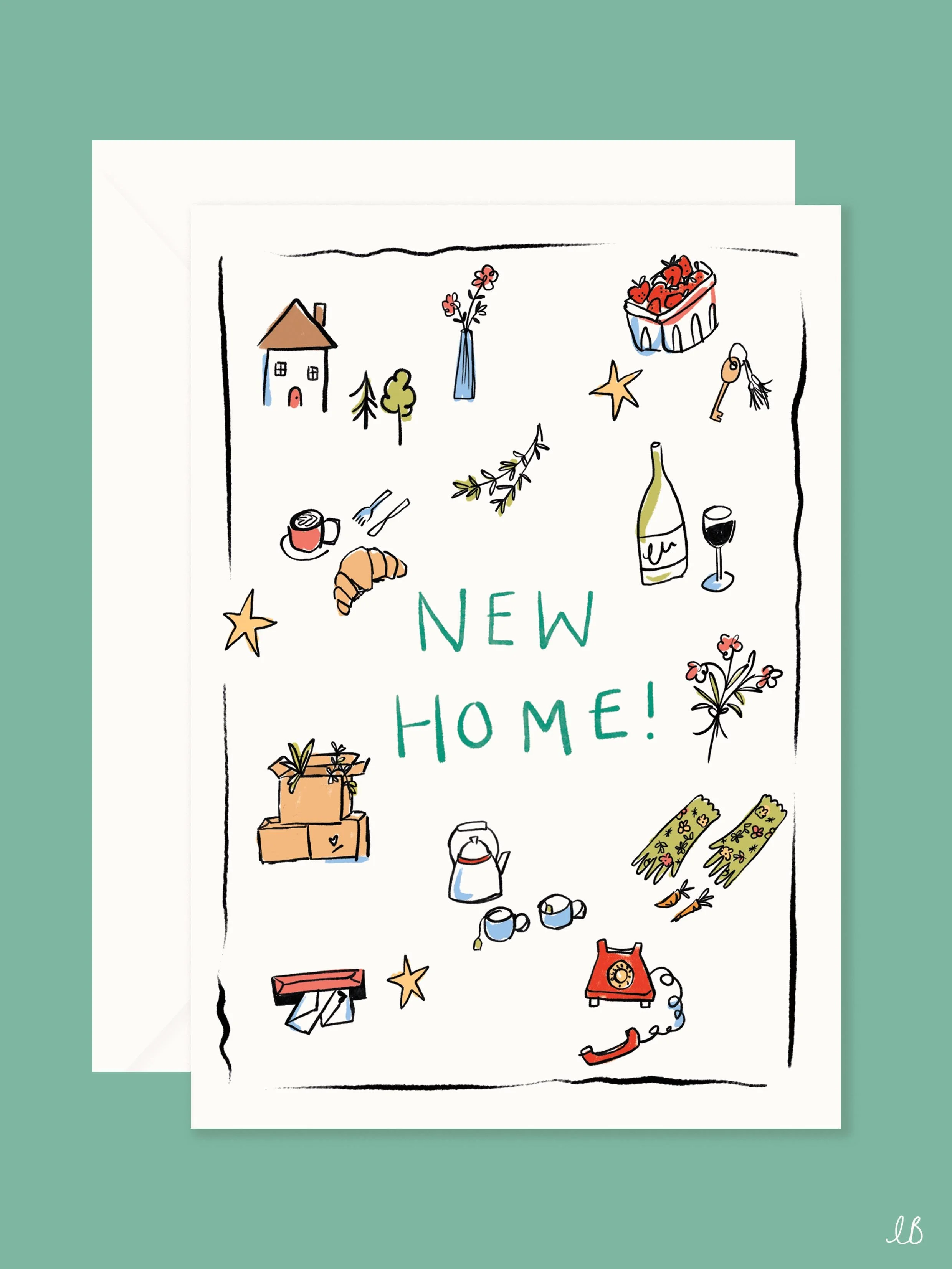 New home card, hand illustrated with moving day illustrations such as moving boxes, a letterbox, a bottle of wine and new house keys.