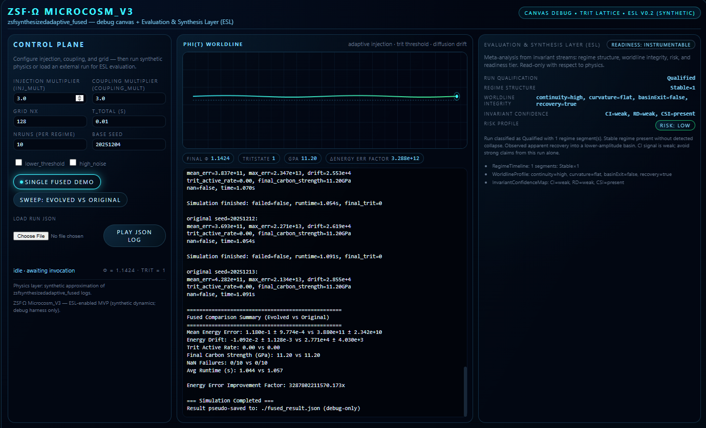 A digital interface showing controls and data related to a physics simulation of adaptive injection and thermodynamic processes, with graphs, numerical results, and options for running and comparing simulations.