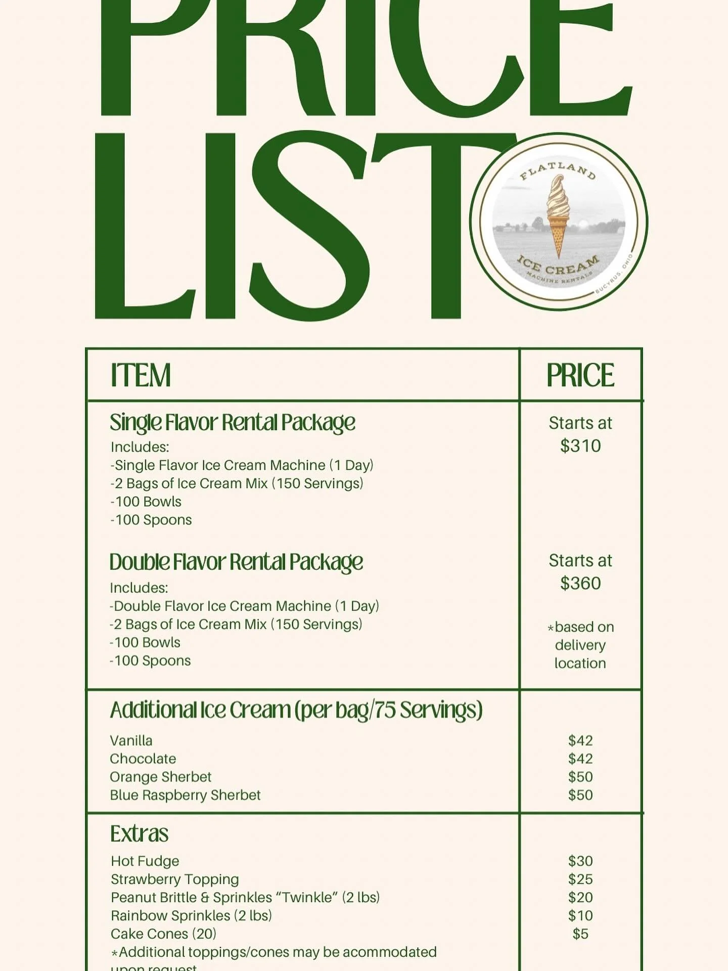 Here is our current price list. Please contact us for a more detailed quote!