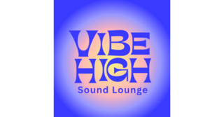 Logo for Vibe High Sound Lounge with purple text on a blue glow background.