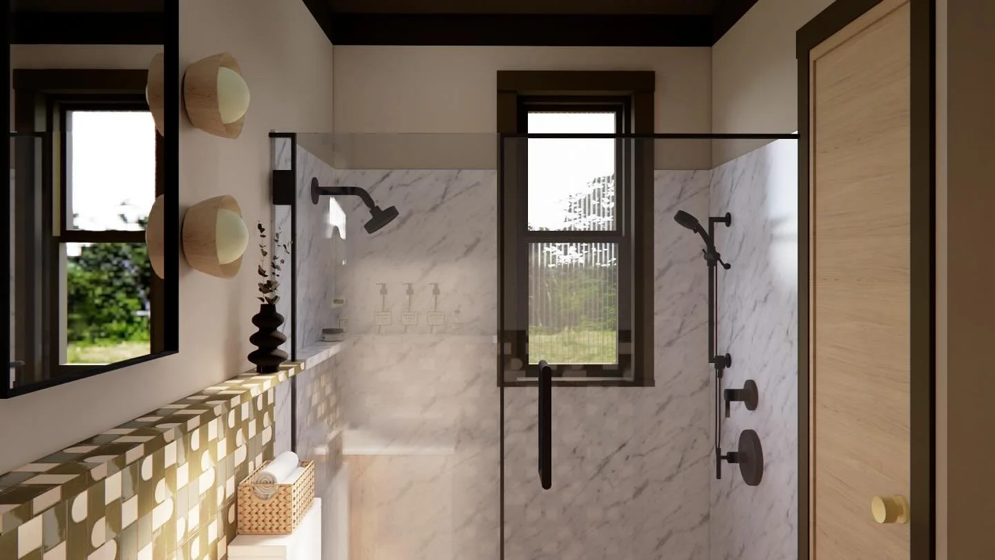 Marble-clad shower enclosure, warm wood accents, and natural light for the perfect bathroom retreat