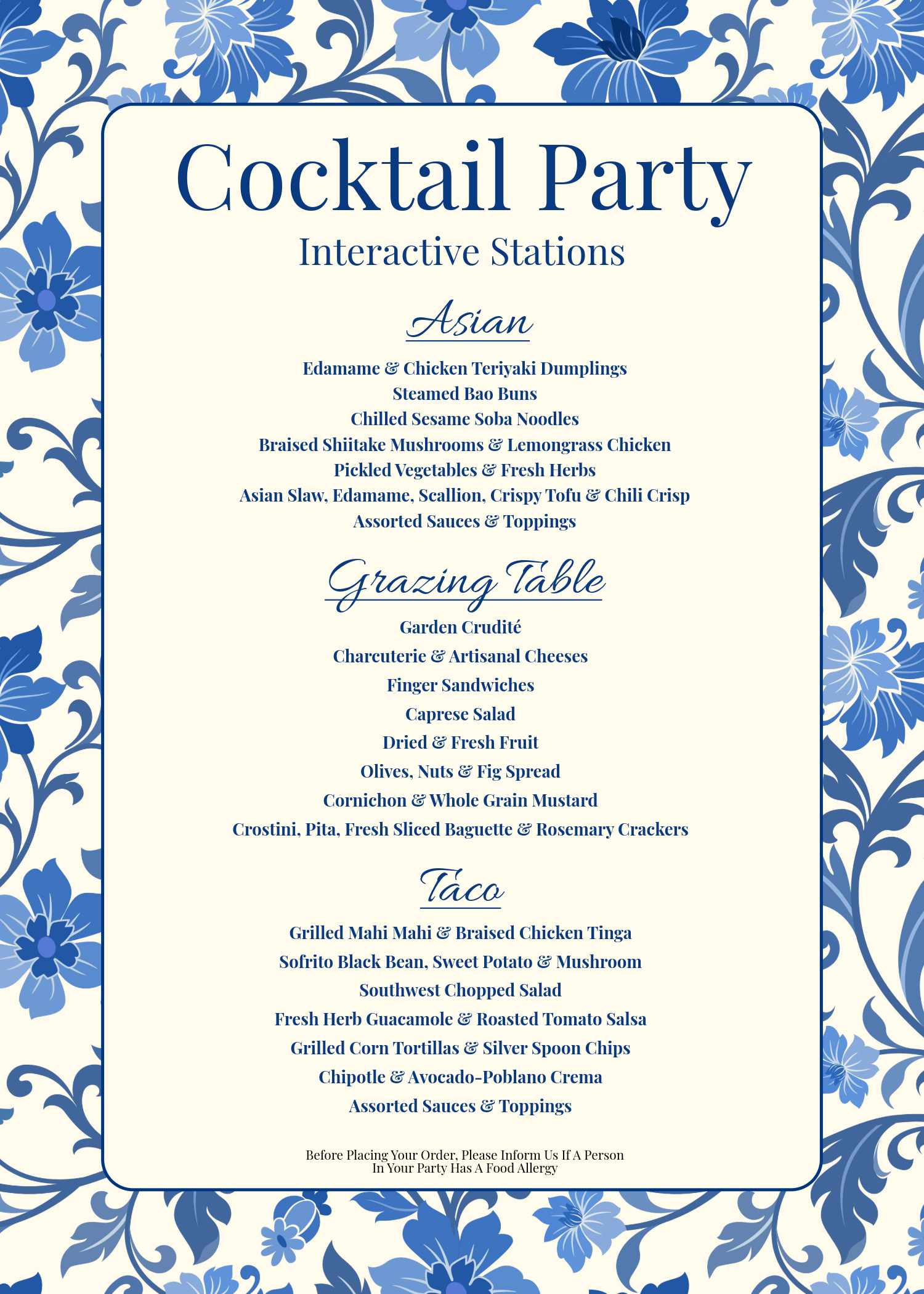 Menu for a cocktail party with Asian and Taco cuisines, featuring various dishes and appetizers.