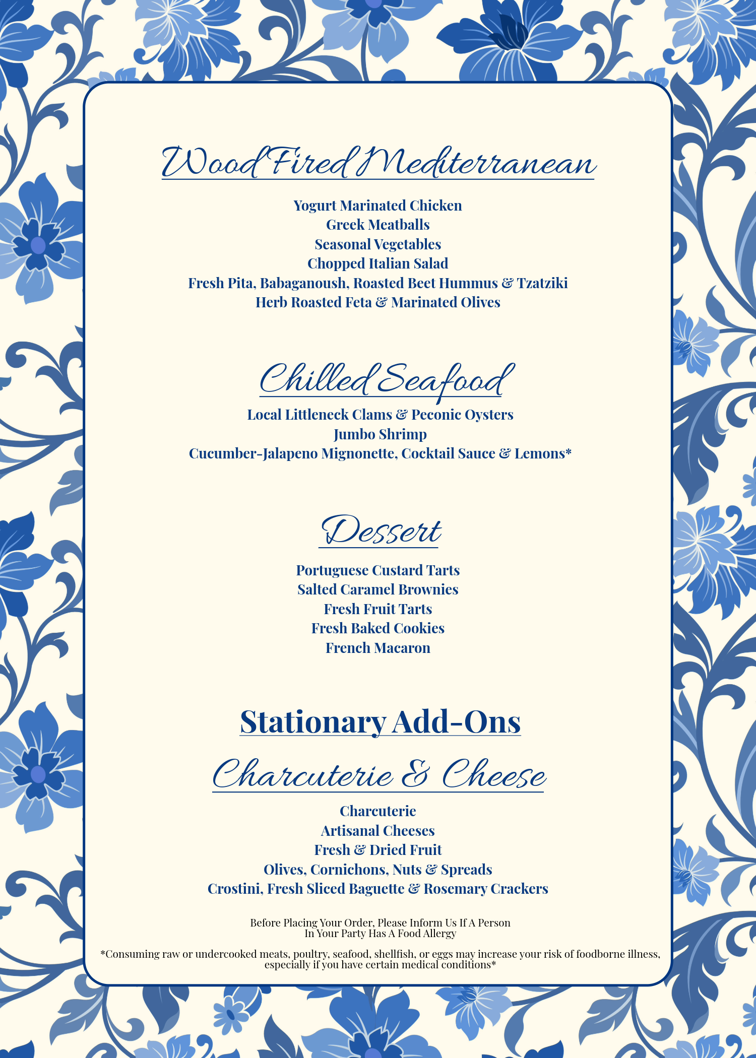Menu design with a blue floral pattern background and white text listing Mediterranean and seafood dishes along with charcuterie and cheese options.
