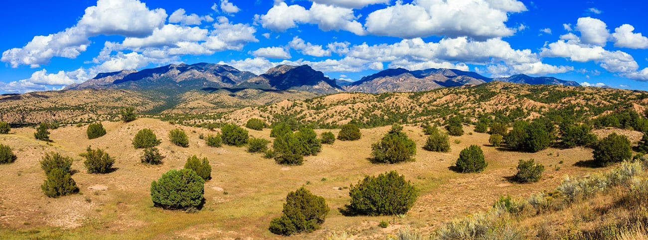 A vast desert landscape with sparse green bushes and trees, rolling hills, and a mountain range under a partly cloudy sky.