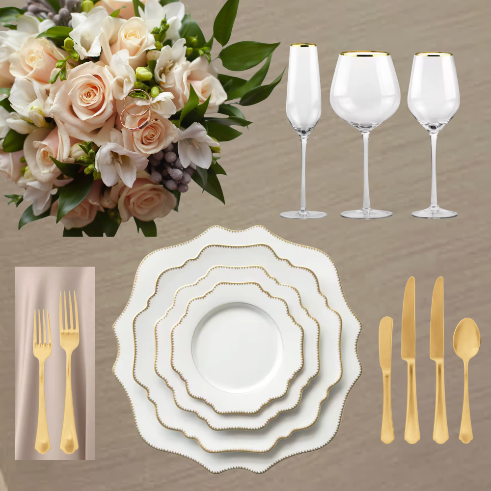 The Beyond Signature package includes Marin gold flatware, Seraphina china and Elena gold rimmed glasses