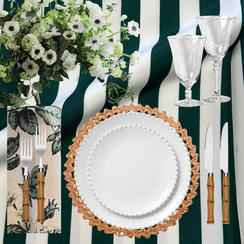 The Raquet Club tablescape package features classic pearl white china, a rattan charger, bamboo flatware and a preppy hunter green and white stripe linen