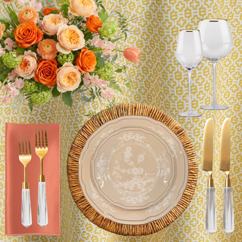 Tablescape package include warm citrus hues, hand-painted china, and natural woven textures
