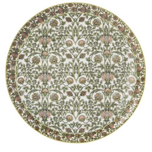 Gardenia floral china features painterly florals, climbing sage vines, and soft washes of muted pink and peach.