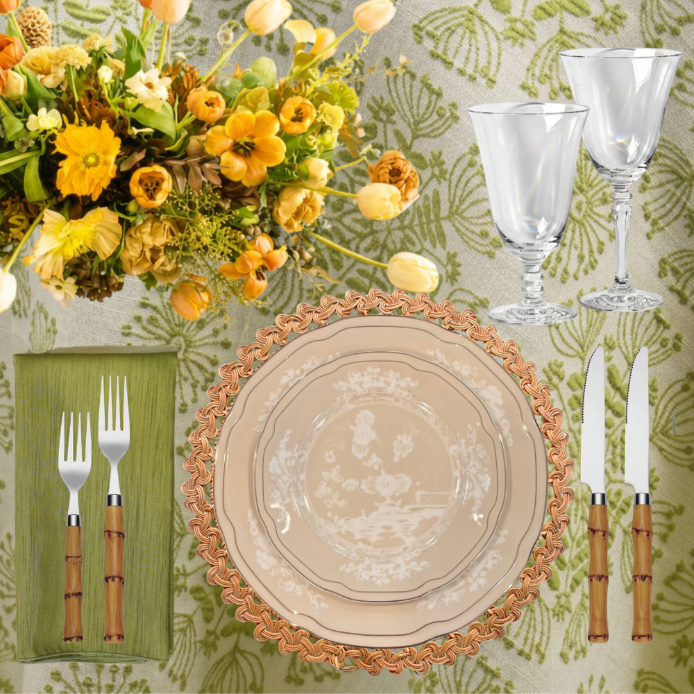 Main Line Garden Society package combines soft botanical hues, natural textures, and timeless tabletop details for an elegant setting perfect for luncheons, garden parties, showers, and seasonal entertaining.