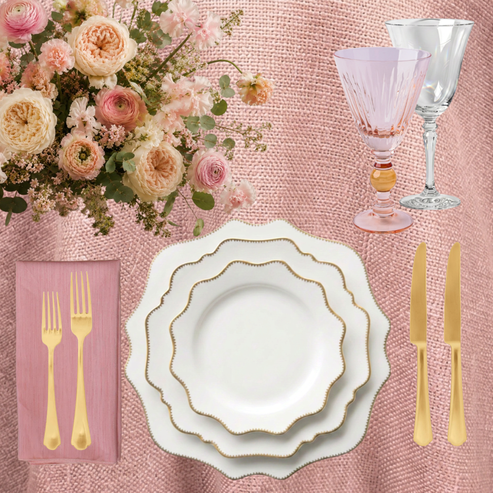 Blush and Bloom packages features pink linens and glassware, capturing your event's sweetest moments.