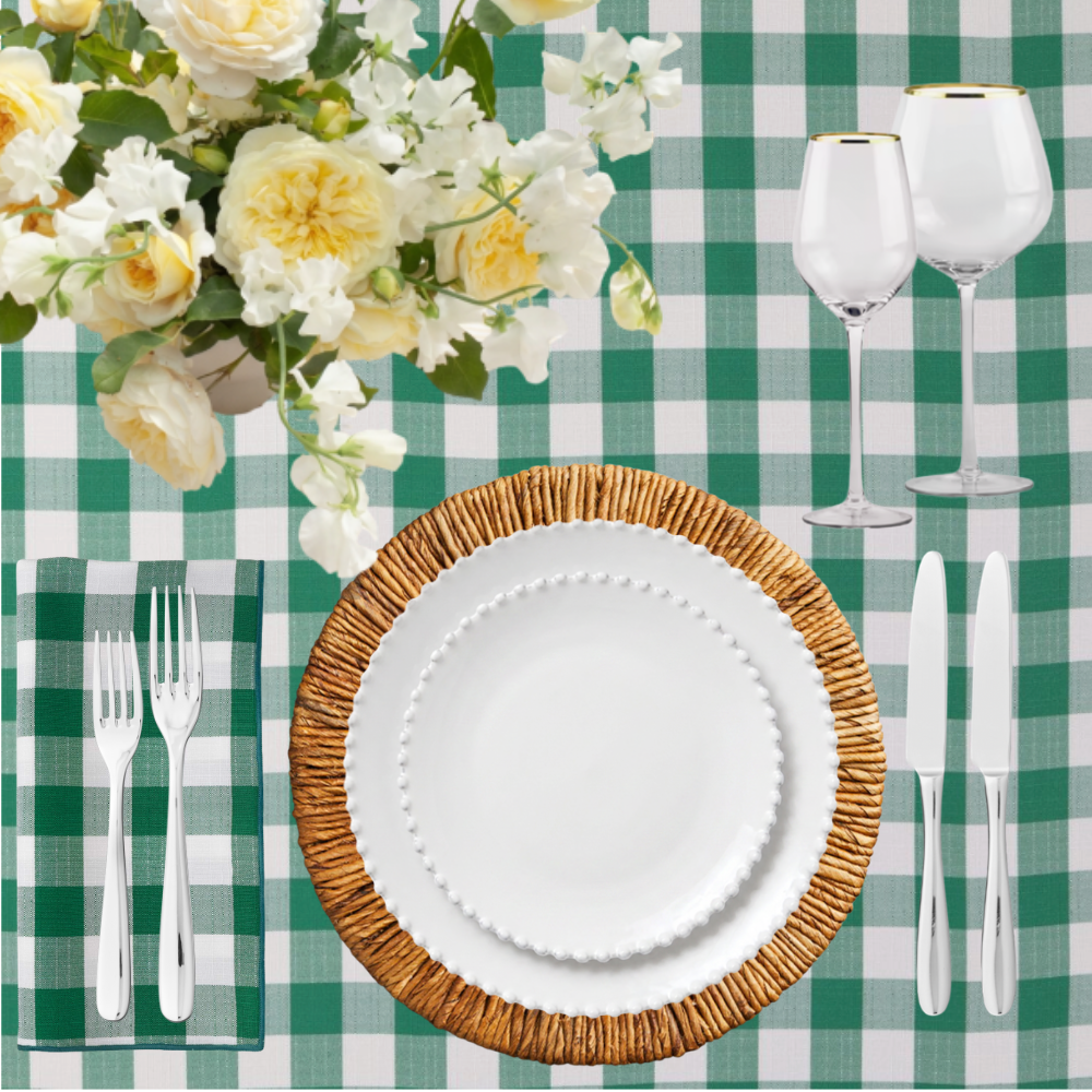 Main Line Invitational Gold Package featuring checkered green linens, silver flatware and classic pearl white china