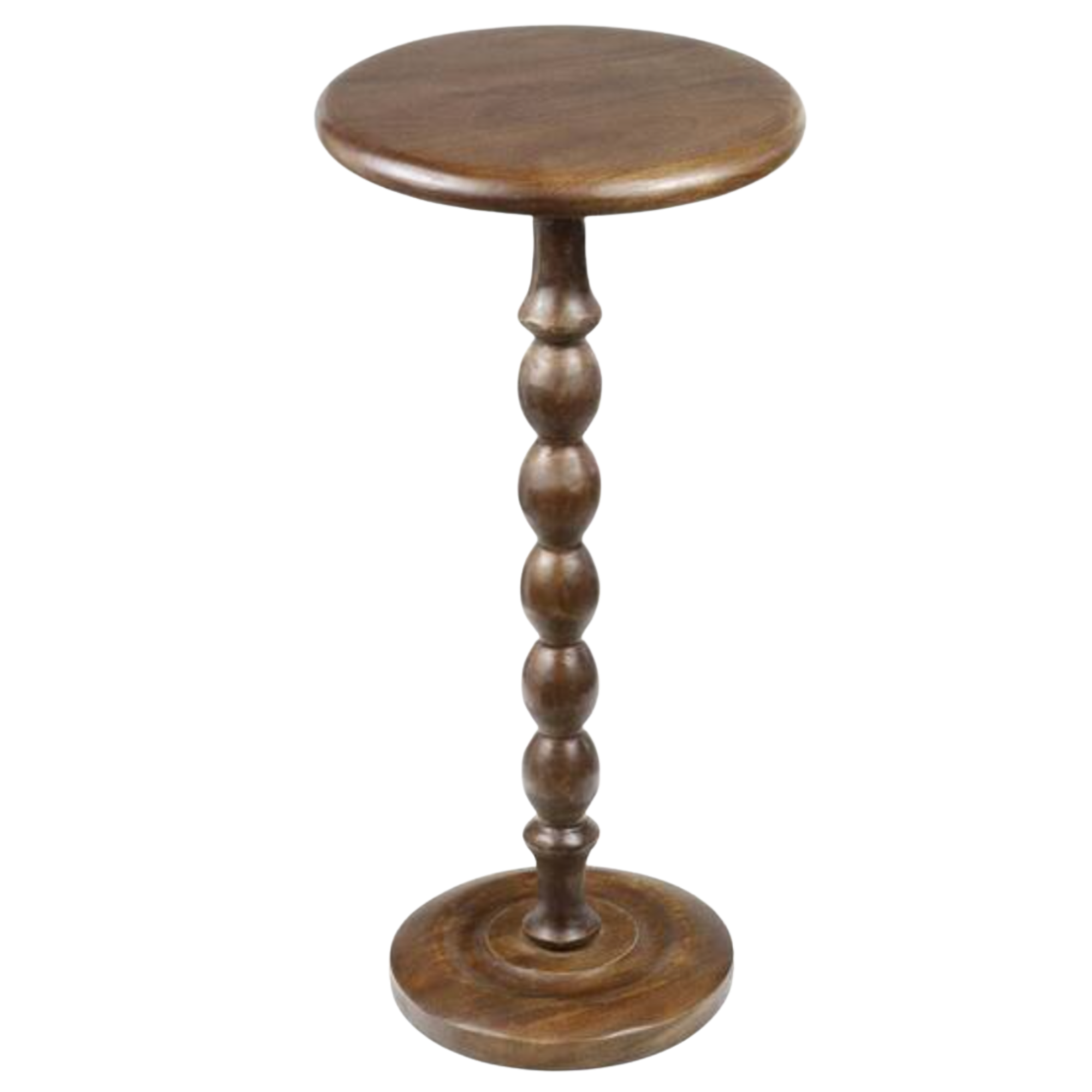 A warm mango wood drink table featuring a sculptural turned pedestal and classic round top.