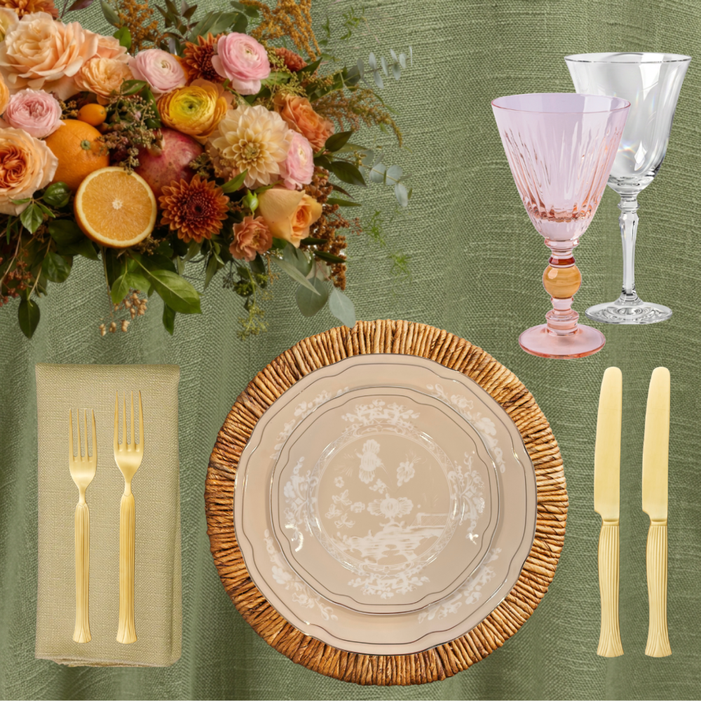 Citrus and Sage packages features pink linens and glassware, capturing your event's sweetest moments.