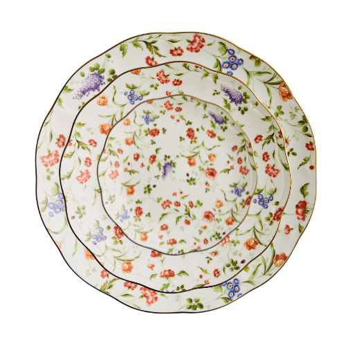floral dinnerware, floral china, scalloped rim, garden party, wedding, bridal shower, baby shower, event rentals, china rentals