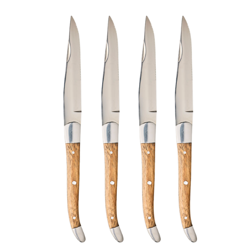 A set of 4 steak knives with a silver and wood handle.
