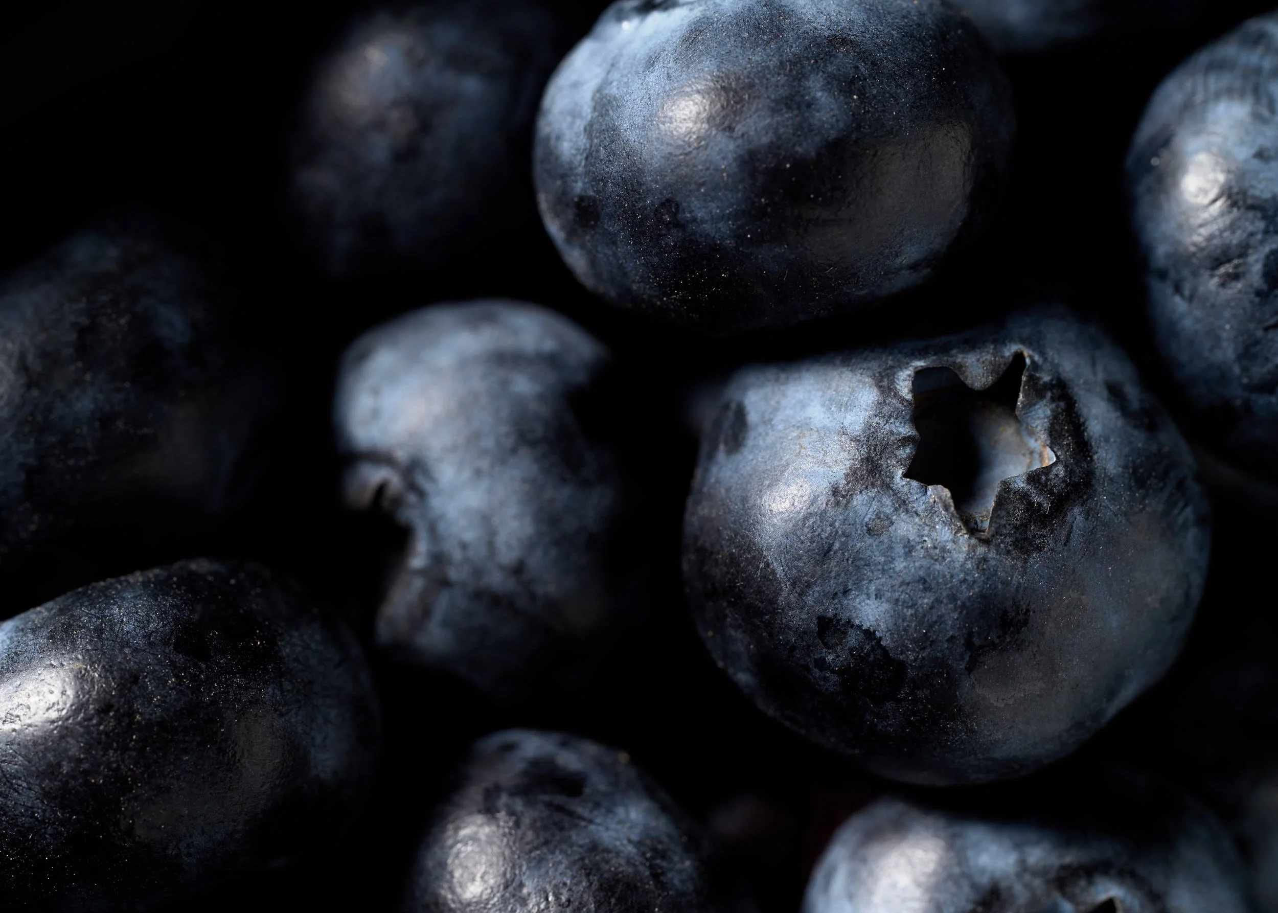 Close-up of fresh blueberries showing their dark blue to black color and a star-shaped calyx on some of the berries.