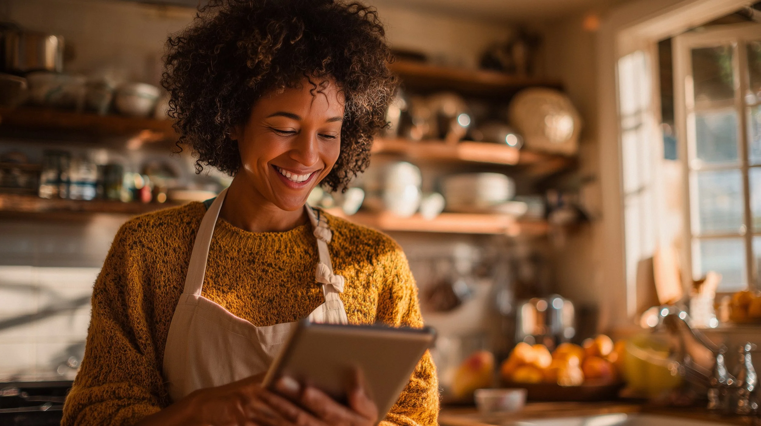 A woman in a kitchen wearing a beige apron and a mustard-colored sweater, smiling while looking at her phone, with sunlight coming through a window.