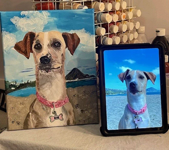 Painting of a dog with a beach scene, and a smartphone displaying a photo of a dog with water and mountains in the background.