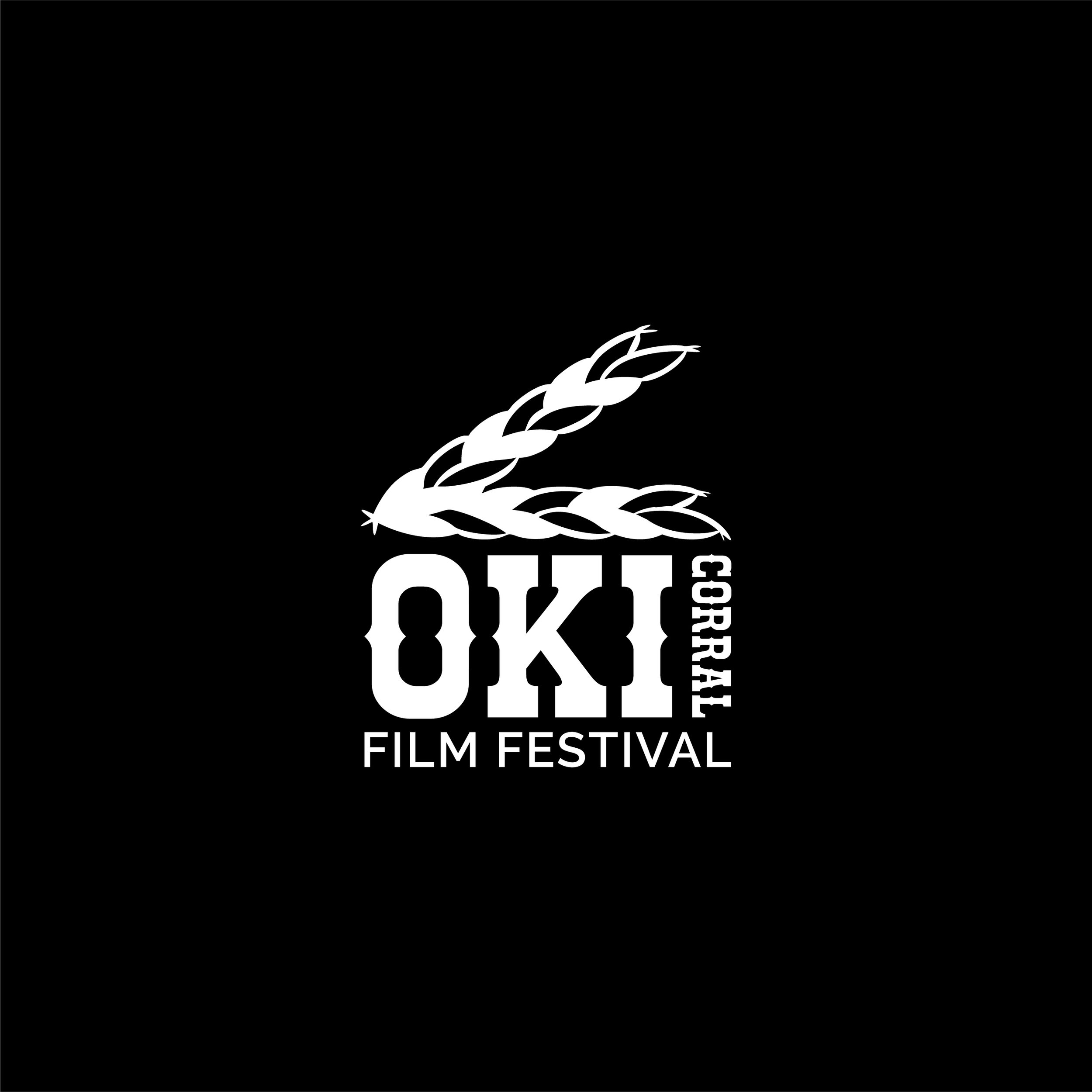 Black background with white logo of the Oki Corral Film Festival featuring stylized braids and bold text.