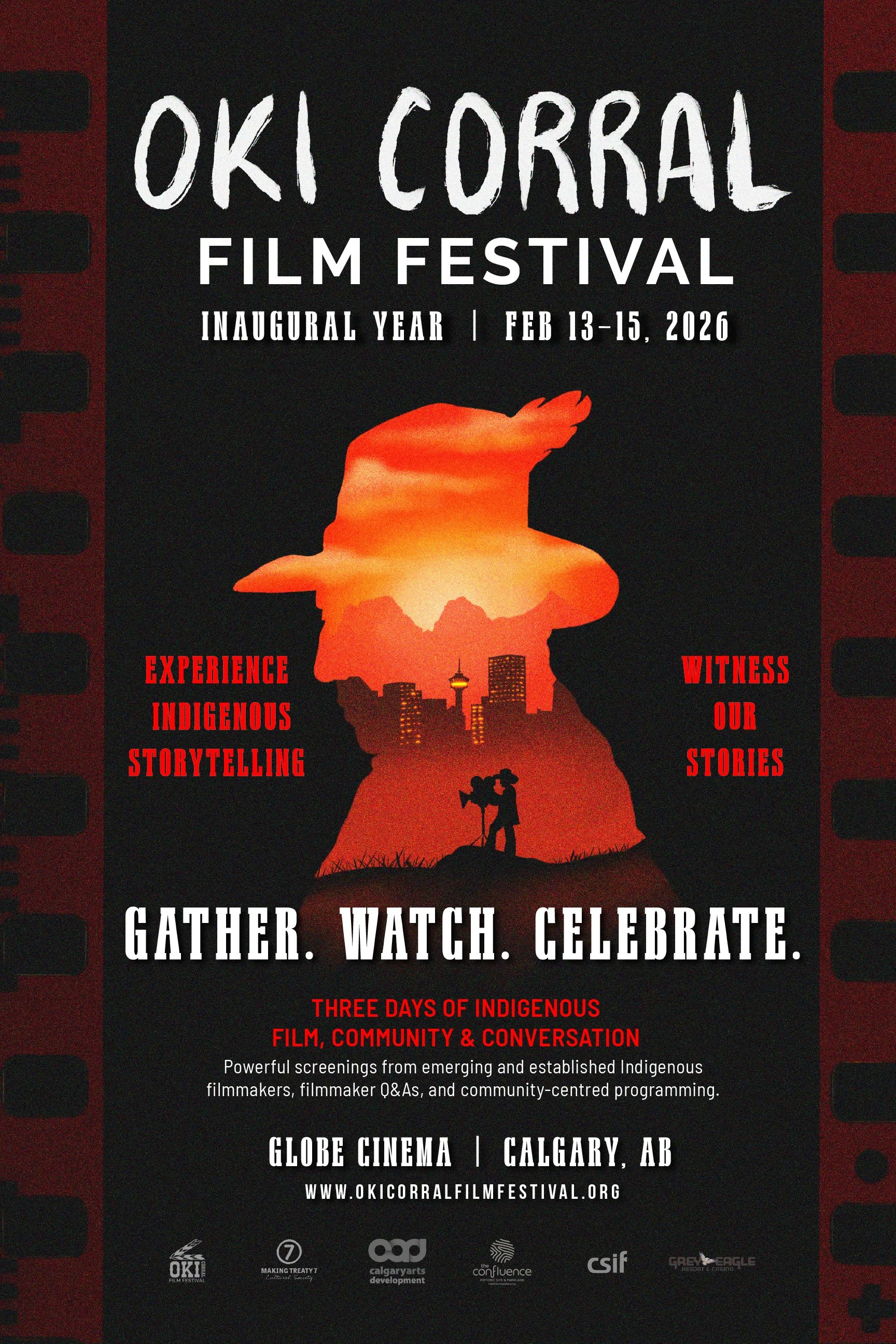 Poster for the Oki Corral Film Festival, held February 13-15, 2026, featuring Indigenous storytelling, with a silhouette of a person with a camera and a cityscape inside it, and a background of mountains and a sunset.