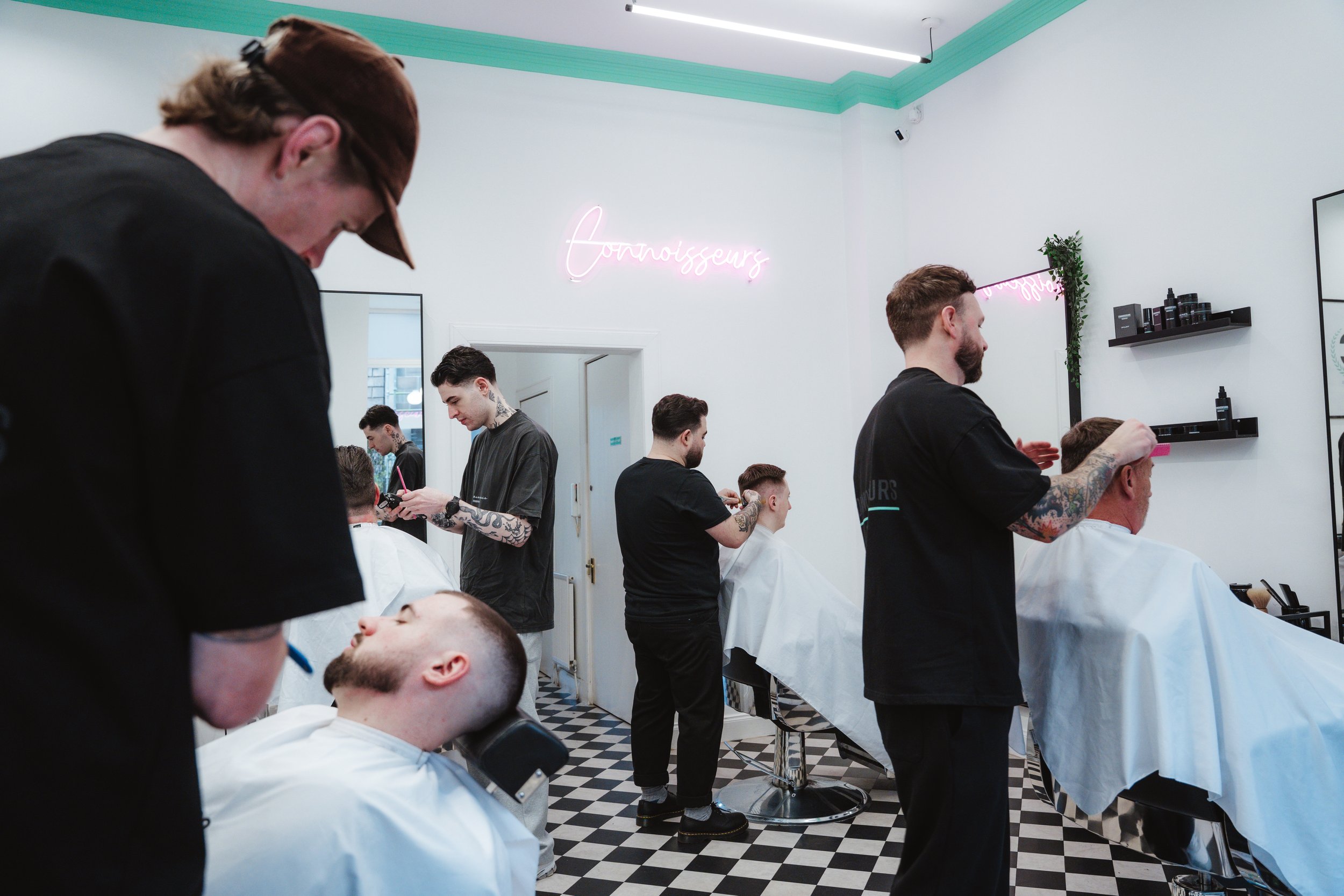 Modern interior of Connoisseurs Barbershop in Leith, Edinburgh