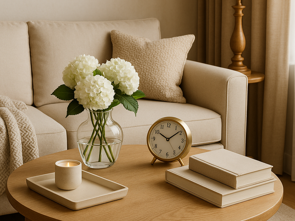 Decorative living room table with a vase of white hydrangeas, a gold alarm clock, a lit candle in a holder, and two stacked beige books, with a cream sofa and beige pillows in the background.