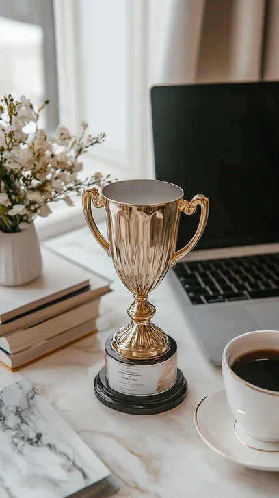 A gold trophy on a white marble table, with a cup of coffee, a laptop, a stack of books, a vase with white flowers, and a notebook nearby.
