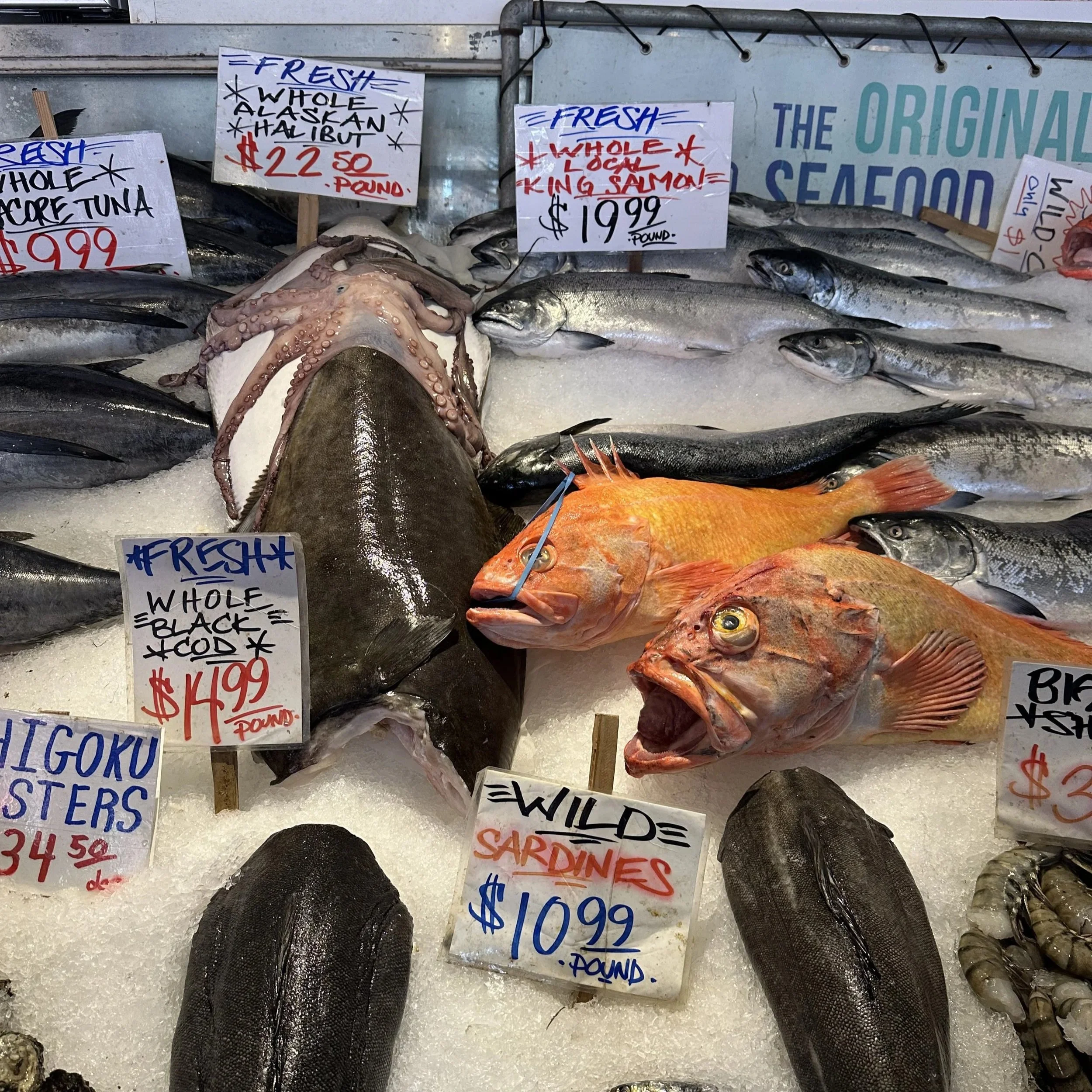 Fish and seafood on display at Pike Place Market.
