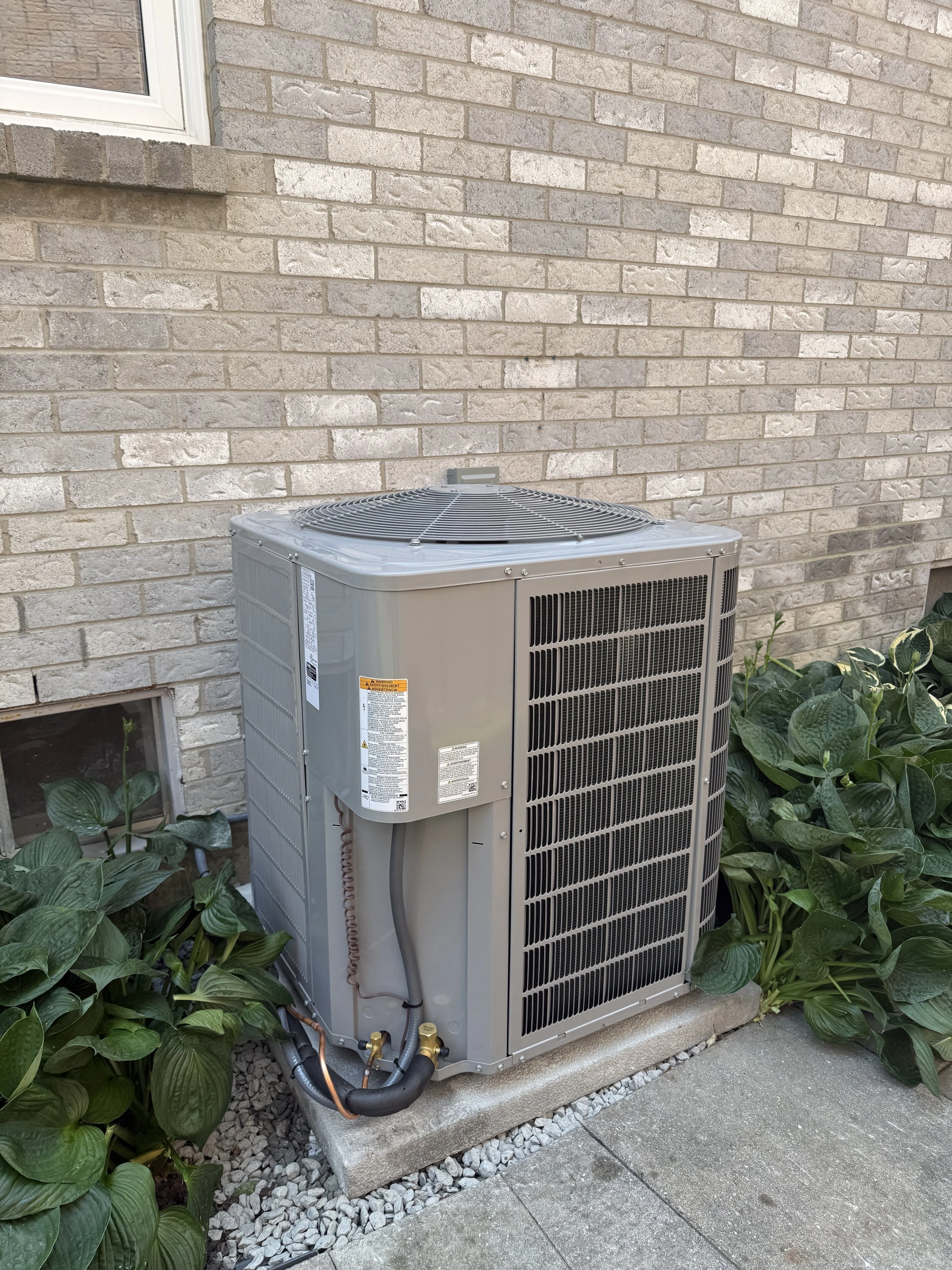 Outdoor air conditioning unit next to a brick wall, surrounded by green leafy plants, on a concrete slab with gravel beneath.