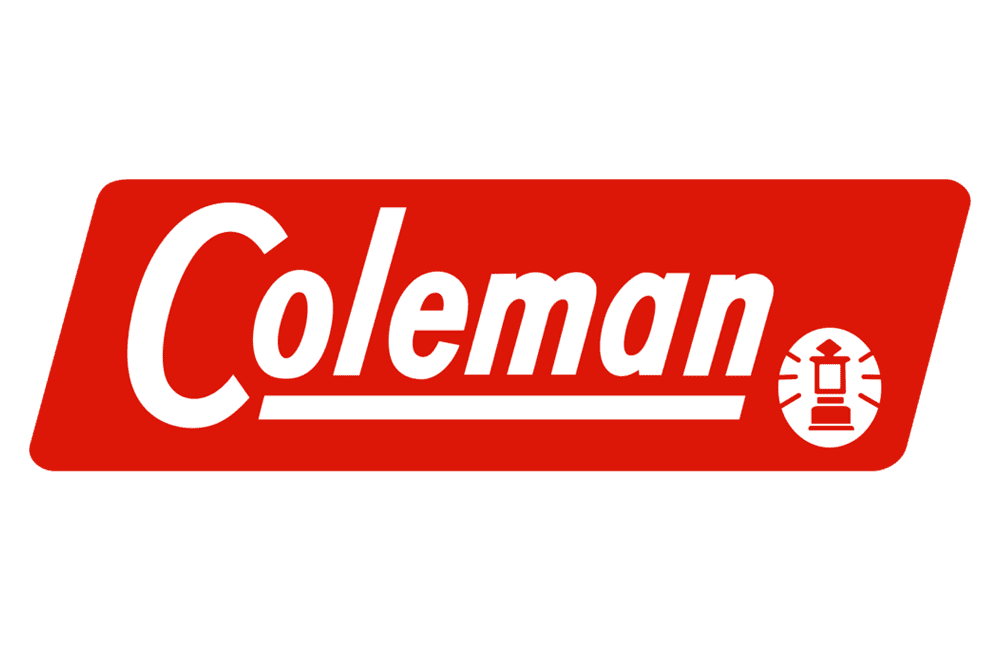 Coleman logo with red background, white text, and a circular icon of a lantern.