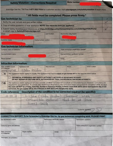 A gas safety inspection report containing sections for customer details, gas technician information, infraction details, and repair recommendations. Redacted sensitive information like customer name, address, and contact info. Handwritten notes and signatures present.
